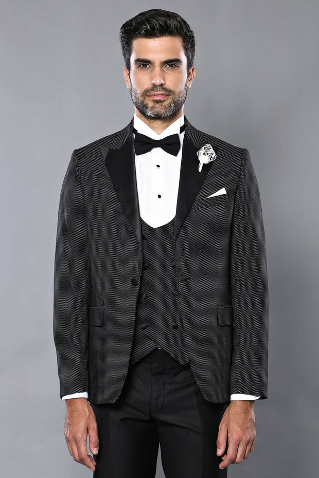 Removable Lapel Vested Black Tuxedo | Wessi 3-piece-suit, 38, 40, Double Breasted, Italian Suit, Modern Fit, Party, Peak, Peak Lapel, Slim Fit, Suit, Wedding SuitItalian Suit - wessi