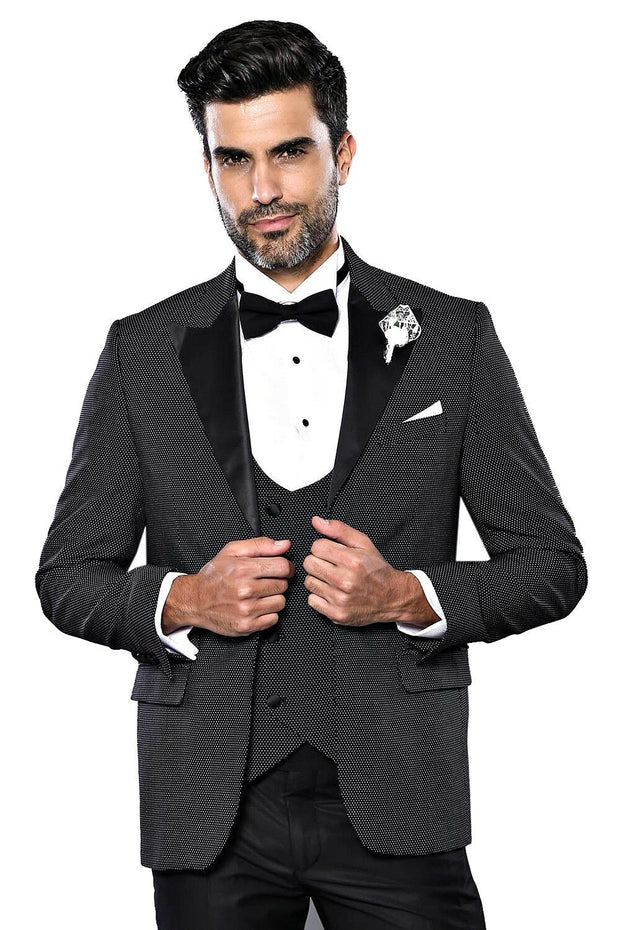 Removable Lapel Vested Black Tuxedo | Wessi 3-piece-suit, 38, 40, Double Breasted, Italian Suit, Modern Fit, Party, Peak, Peak Lapel, Slim Fit, Suit, Wedding SuitItalian Suit - wessi