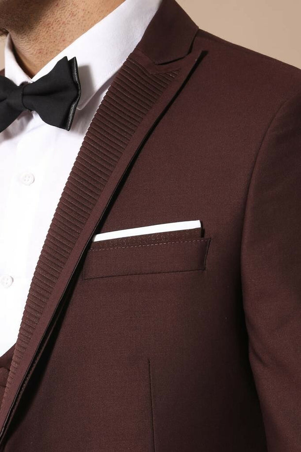 Removable Lapel Vested Burgundy Tuxedo | Wessi 3-piece-suit, 34, 36, 38, 40, 42, 44, 46, Beige, Cream, Detachable, Detachable Lapel, Modern Fit, Party, Slim Fit, Slim Fit Suit, Suit, Wedding 