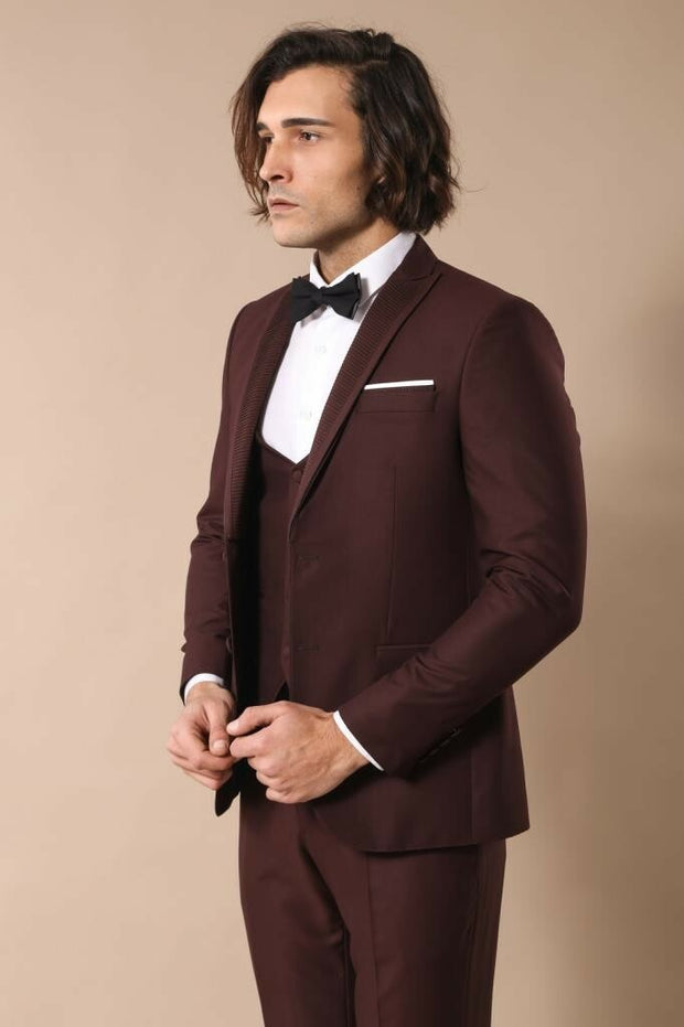 Removable Lapel Vested Burgundy Tuxedo | Wessi 3-piece-suit, 34, 36, 38, 40, 42, 44, 46, Beige, Cream, Detachable, Detachable Lapel, Modern Fit, Party, Slim Fit, Slim Fit Suit, Suit, Wedding 