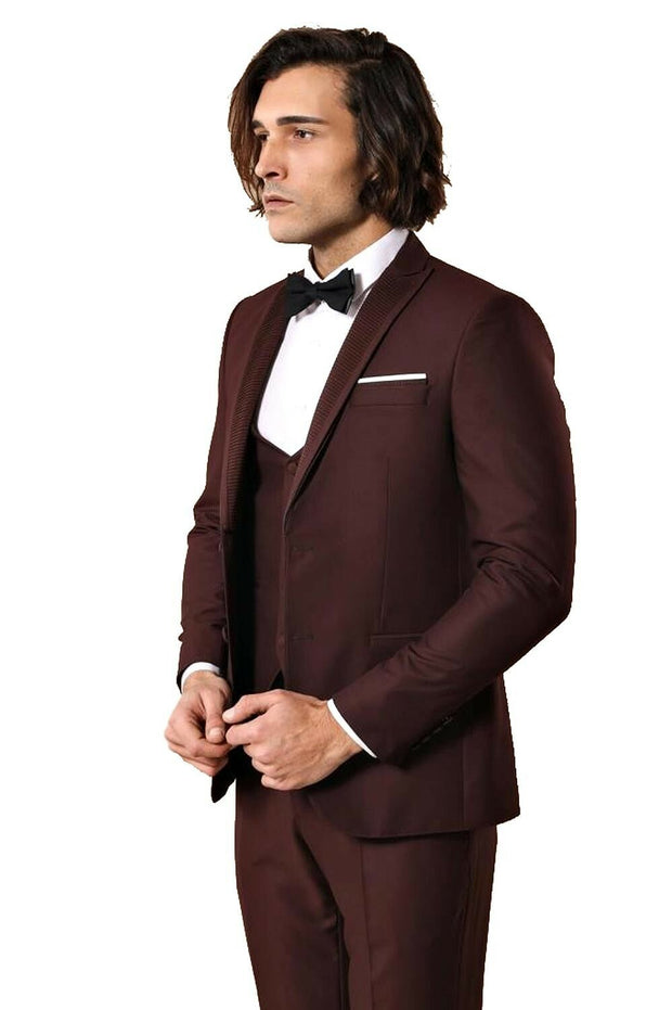 Removable Lapel Vested Burgundy Tuxedo | Wessi 3-piece-suit, 34, 36, 38, 40, 42, 44, 46, Beige, Cream, Detachable, Detachable Lapel, Modern Fit, Party, Slim Fit, Slim Fit Suit, Suit, Wedding 