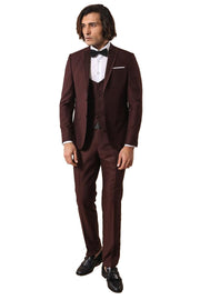 Removable Lapel Vested Burgundy Tuxedo | Wessi 3-piece-suit, 34, 36, 38, 40, 42, 44, 46, Beige, Cream, Detachable, Detachable Lapel, Modern Fit, Party, Slim Fit, Slim Fit Suit, Suit, Wedding 