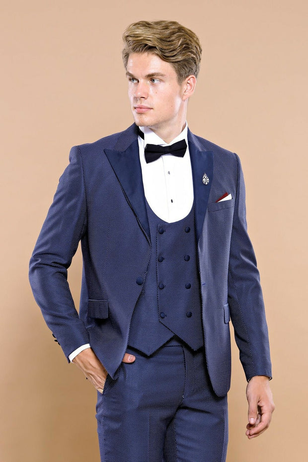 Removable Lapel Vested Navy Blue Tuxedo $150 - $200, 3-piece-suit, 34, 36, 38, 40, 42, 44, 46, 6 Drop, Blue, Detachable, Detachable Lapel, Italian, Italian Suit, Modern Fit, Navy, Navy Blue, 