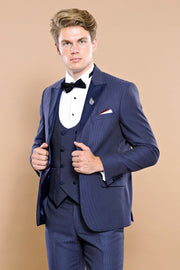 Removable Lapel Vested Navy Blue Tuxedo $150 - $200, 3-piece-suit, 34, 36, 38, 40, 42, 44, 46, 6 Drop, Blue, Detachable, Detachable Lapel, Italian, Italian Suit, Modern Fit, Navy, Navy Blue, 