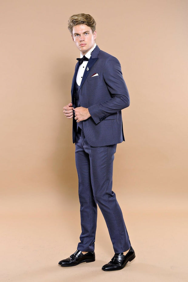 Removable Lapel Vested Navy Blue Tuxedo $150 - $200, 3-piece-suit, 34, 36, 38, 40, 42, 44, 46, 6 Drop, Blue, Detachable, Detachable Lapel, Italian, Italian Suit, Modern Fit, Navy, Navy Blue, 