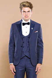 Removable Lapel Vested Navy Blue Tuxedo $150 - $200, 3-piece-suit, 34, 36, 38, 40, 42, 44, 46, 6 Drop, Blue, Detachable, Detachable Lapel, Italian, Italian Suit, Modern Fit, Navy, Navy Blue, 