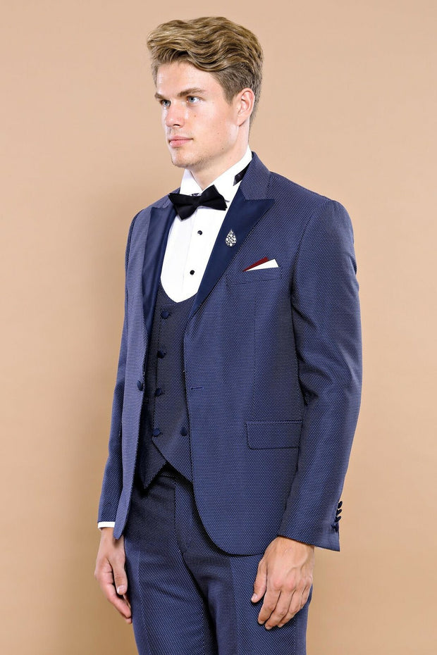 Removable Lapel Vested Navy Blue Tuxedo $150 - $200, 3-piece-suit, 34, 36, 38, 40, 42, 44, 46, 6 Drop, Blue, Detachable, Detachable Lapel, Italian, Italian Suit, Modern Fit, Navy, Navy Blue, 