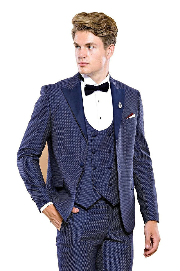 Removable Lapel Vested Navy Blue Tuxedo $150 - $200, 3-piece-suit, 34, 36, 38, 40, 42, 44, 46, 6 Drop, Blue, Detachable, Detachable Lapel, Italian, Italian Suit, Modern Fit, Navy, Navy Blue, 