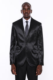 Satin 2 Buttoned Black Tuxedo $50 - $100, 34, 36, 38, 40, 42, 44, 46, 48, mens-suit_obsolete, Modern Fit, Notch, Notch Lapel, Party, Plain, Shawl, Shawl Collar Tuxedo, Shiny, Slim Fit, Tuxedo