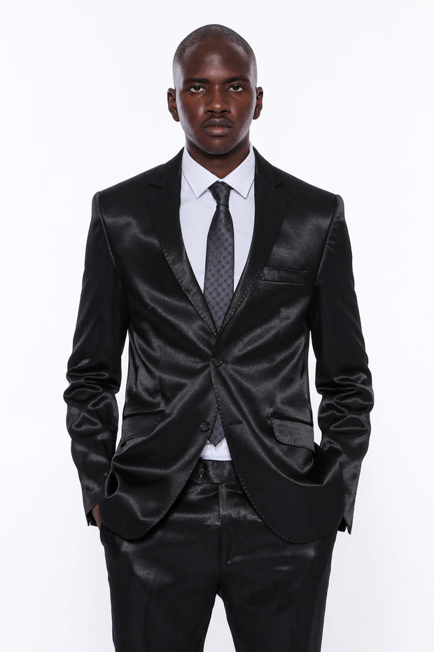 Satin 2 Buttoned Black Tuxedo $50 - $100, 34, 36, 38, 40, 42, 44, 46, 48, mens-suit_obsolete, Modern Fit, Notch, Notch Lapel, Party, Plain, Shawl, Shawl Collar Tuxedo, Shiny, Slim Fit, Tuxedo