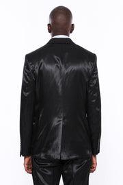 Satin 2 Buttoned Black Tuxedo $50 - $100, 34, 36, 38, 40, 42, 44, 46, 48, mens-suit_obsolete, Modern Fit, Notch, Notch Lapel, Party, Plain, Shawl, Shawl Collar Tuxedo, Shiny, Slim Fit, Tuxedo