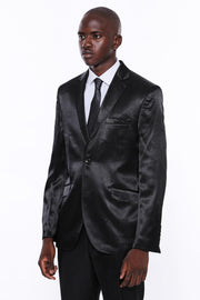 Satin 2 Buttoned Black Tuxedo $50 - $100, 34, 36, 38, 40, 42, 44, 46, 48, mens-suit_obsolete, Modern Fit, Notch, Notch Lapel, Party, Plain, Shawl, Shawl Collar Tuxedo, Shiny, Slim Fit, Tuxedo