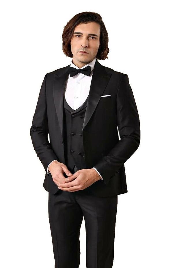 Satin Peak Lapel Black Wedding Suit 3 Piece Tuxedo, 3-piece-suit, 34, Double Breasted, Modern Fit, Party, Peak, Peak Lapel, Slim Fit, Tuxedo, Wedding OutletSuit - wessi