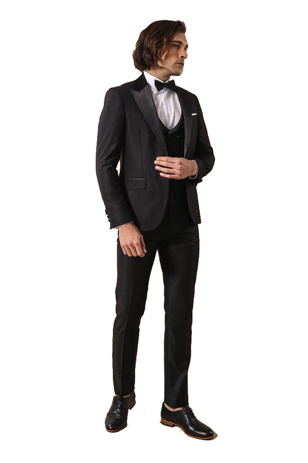 Satin Peak Lapel Black Wedding Suit 3 Piece Tuxedo, 3-piece-suit, 34, Double Breasted, Modern Fit, Party, Peak, Peak Lapel, Slim Fit, Tuxedo, Wedding OutletSuit - wessi