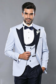 Self-Patterned Baby Blue Wedding Suit | Wessi $100 - $150, 3 Piece Tuxedo, 3-piece-suit, 40, 6 Drop, Double Breasted, Italian Suit, mens-suit_obsolete, Modern Fit, Party, Peak, Peak Lapel, Sl