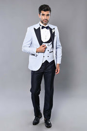 Self-Patterned Baby Blue Wedding Suit | Wessi $100 - $150, 3 Piece Tuxedo, 3-piece-suit, 40, 6 Drop, Double Breasted, Italian Suit, mens-suit_obsolete, Modern Fit, Party, Peak, Peak Lapel, Sl