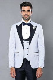 Self-Patterned Baby Blue Wedding Suit | Wessi $100 - $150, 3 Piece Tuxedo, 3-piece-suit, 40, 6 Drop, Double Breasted, Italian Suit, mens-suit_obsolete, Modern Fit, Party, Peak, Peak Lapel, Sl