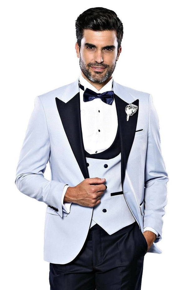 Self-Patterned Baby Blue Wedding Suit | Wessi $100 - $150, 3 Piece Tuxedo, 3-piece-suit, 40, 6 Drop, Double Breasted, Italian Suit, mens-suit_obsolete, Modern Fit, Party, Peak, Peak Lapel, Sl