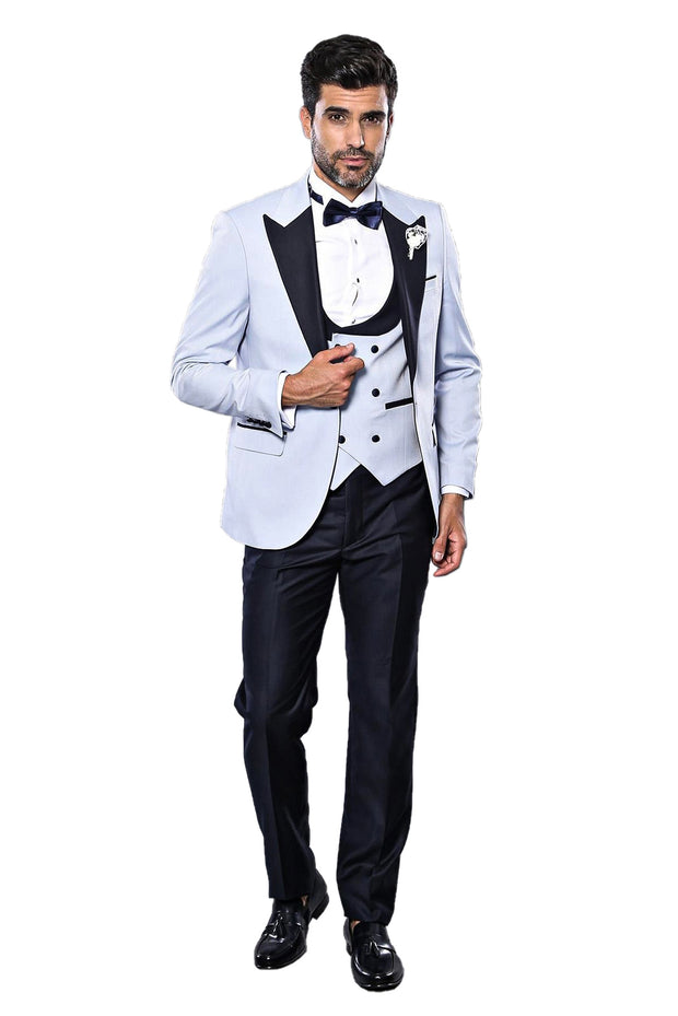 Self-Patterned Baby Blue Wedding Suit | Wessi $100 - $150, 3 Piece Tuxedo, 3-piece-suit, 40, 6 Drop, Double Breasted, Italian Suit, mens-suit_obsolete, Modern Fit, Party, Peak, Peak Lapel, Sl