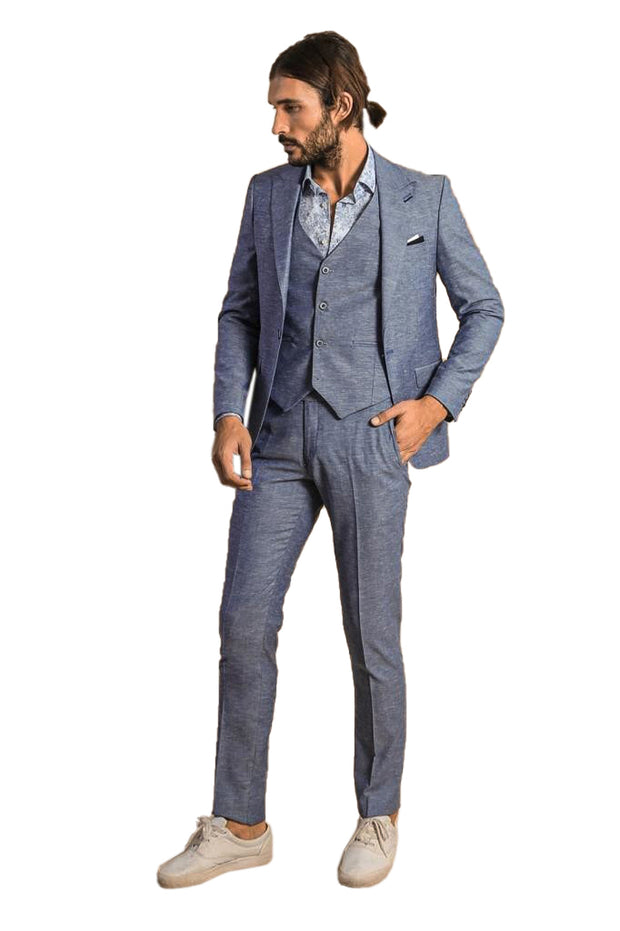 Self-Patterned Light Blue Suit for Men | Wessi 3-piece-suit, 40, 42, Modern Fit, Peak, Peak Lapel, Slim Fit, Slim Fit Suit, Suit OutletSuit - wessi