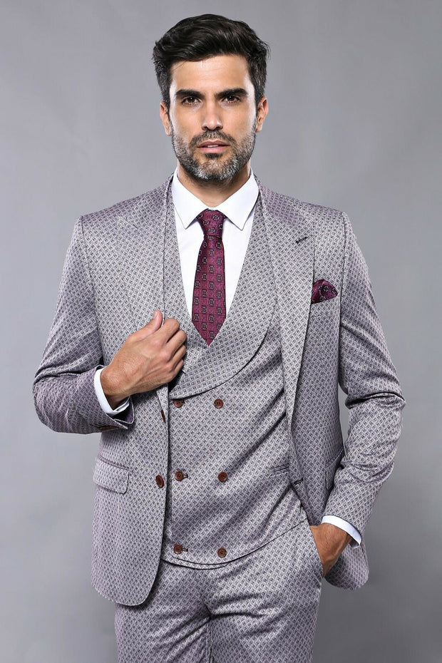 Self-Patterned Light Burgundy Suit | Wessi $100 - $150, $150 - $200, 3-piece-suit, 36, 38, 40, 42, 48, 6 Drop, Daily, Italian, Italian Suit, mens-suit, mens-suit_obsolete, Modern Fit, Pattern