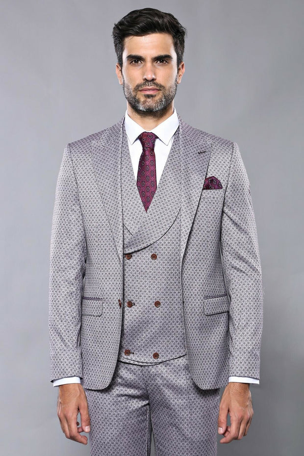 Self-Patterned Light Burgundy Suit | Wessi $100 - $150, $150 - $200, 3-piece-suit, 36, 38, 40, 42, 48, 6 Drop, Daily, Italian, Italian Suit, mens-suit, mens-suit_obsolete, Modern Fit, Pattern