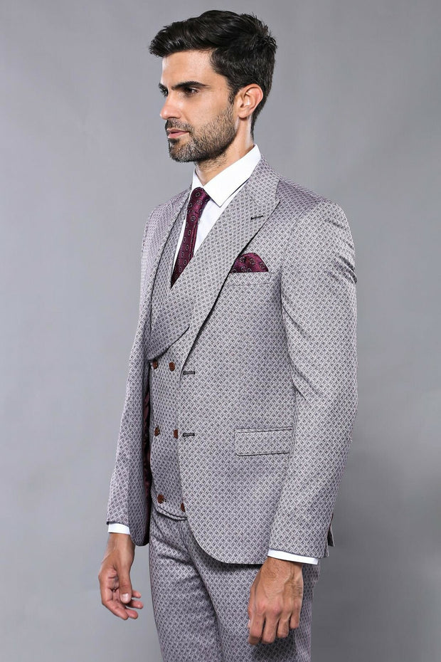 Self-Patterned Light Burgundy Suit | Wessi $100 - $150, $150 - $200, 3-piece-suit, 36, 38, 40, 42, 48, 6 Drop, Daily, Italian, Italian Suit, mens-suit, mens-suit_obsolete, Modern Fit, Pattern