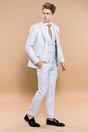 Self Patterned Light Grey Vested Suit | Wessi $100 - $150, $150 - $200, 3-piece-suit, 36, 40, 42, 44, 46, Blue, Daily, Double Breasted, mens-suit, mens-suit_obsolete, Modern Fit, Office, Patt