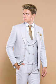 Self Patterned Light Grey Vested Suit | Wessi $100 - $150, $150 - $200, 3-piece-suit, 36, 40, 42, 44, 46, Blue, Daily, Double Breasted, mens-suit, mens-suit_obsolete, Modern Fit, Office, Patt