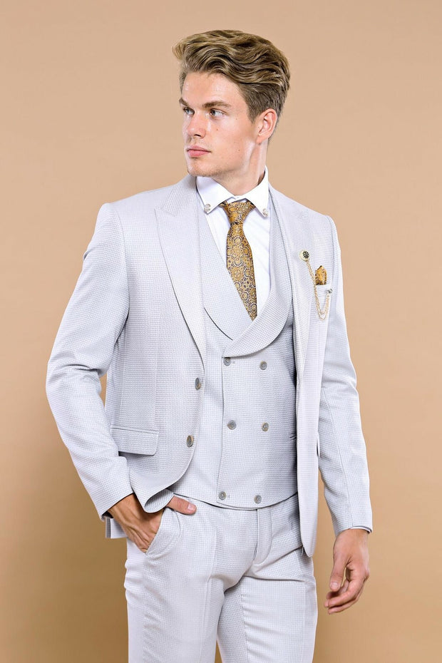 Self Patterned Light Grey Vested Suit | Wessi $100 - $150, $150 - $200, 3-piece-suit, 36, 40, 42, 44, 46, Blue, Daily, Double Breasted, mens-suit, mens-suit_obsolete, Modern Fit, Office, Patt