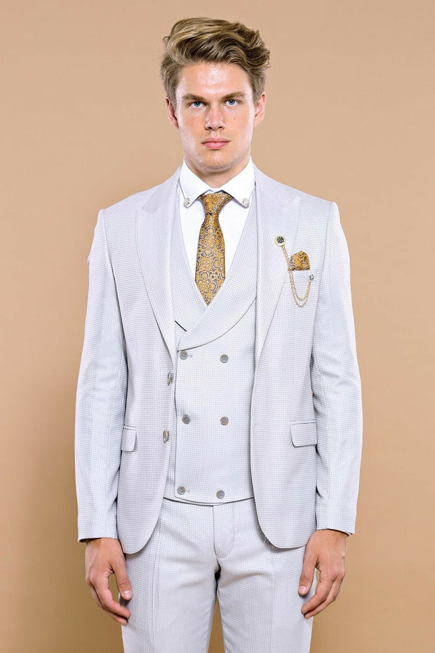 Self Patterned Light Grey Vested Suit | Wessi $100 - $150, $150 - $200, 3-piece-suit, 36, 40, 42, 44, 46, Blue, Daily, Double Breasted, mens-suit, mens-suit_obsolete, Modern Fit, Office, Patt