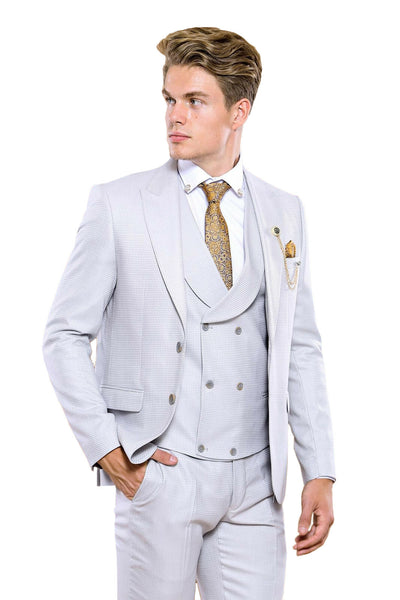 Self Patterned Light Grey Vested Suit | Wessi $100 - $150, $150 - $200, 3-piece-suit, 36, 40, 42, 44, 46, Blue, Daily, Double Breasted, mens-suit, mens-suit_obsolete, Modern Fit, Office, Patt