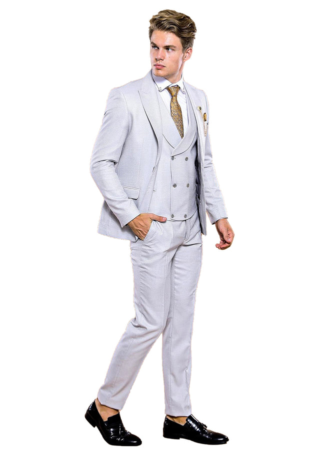 Self Patterned Light Grey Vested Suit | Wessi $100 - $150, $150 - $200, 3-piece-suit, 36, 40, 42, 44, 46, Blue, Daily, Double Breasted, mens-suit, mens-suit_obsolete, Modern Fit, Office, Patt