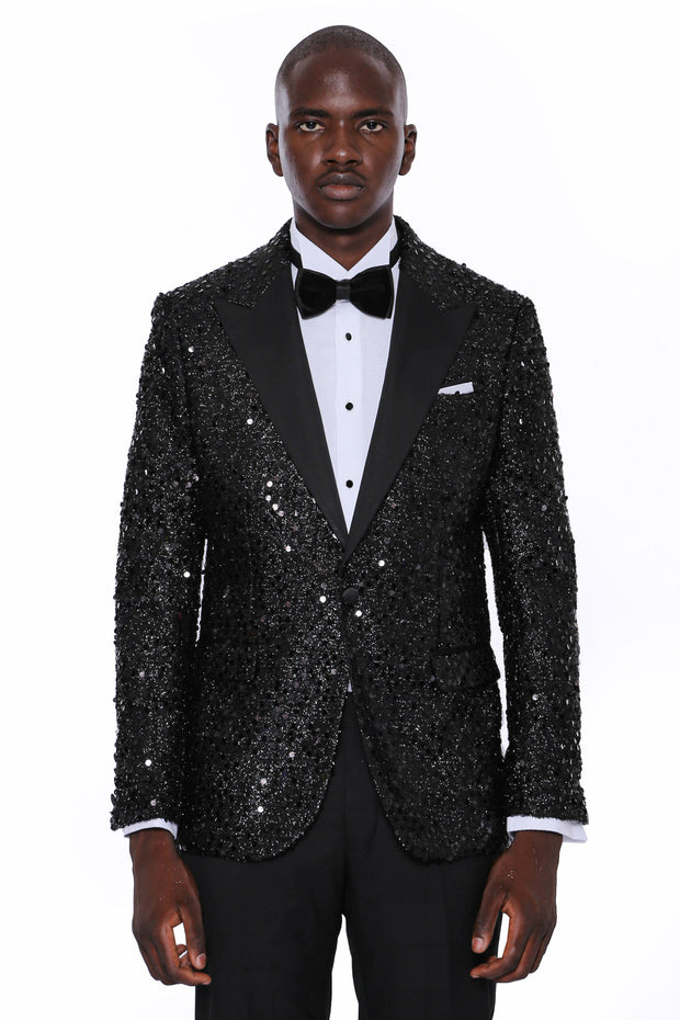 Sequin Patterned Black Party Blazer | Wessi 3-piece-suit, 36, 38, 40, 42, 44, 46, 48, Men's Blazers, Modern Fit, Party, Peak, Peak Lapel, Shiny, Slim Fit, Slim Fit Blazers, Wedding Men's Blaz