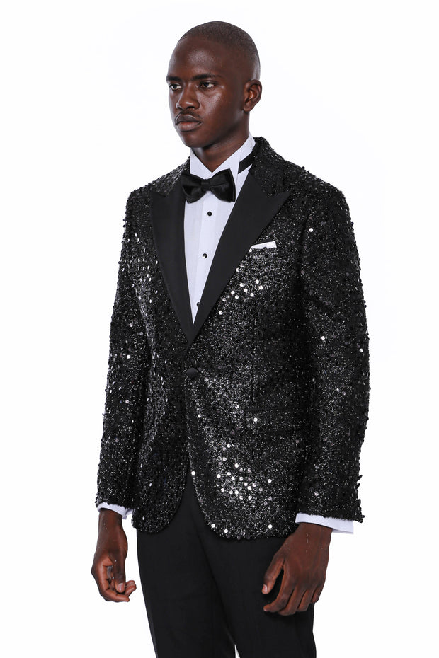 Sequin Patterned Black Party Blazer | Wessi 3-piece-suit, 36, 38, 40, 42, 44, 46, 48, Men's Blazers, Modern Fit, Party, Peak, Peak Lapel, Shiny, Slim Fit, Slim Fit Blazers, Wedding Men's Blaz