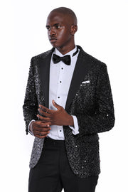 Sequin Patterned Black Party Blazer | Wessi 3-piece-suit, 36, 38, 40, 42, 44, 46, 48, Men's Blazers, Modern Fit, Party, Peak, Peak Lapel, Shiny, Slim Fit, Slim Fit Blazers, Wedding Men's Blaz