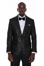 Sequin Patterned Black Party Blazer | Wessi 3-piece-suit, 36, 38, 40, 42, 44, 46, 48, Men's Blazers, Modern Fit, Party, Peak, Peak Lapel, Shiny, Slim Fit, Slim Fit Blazers, Wedding Men's Blaz