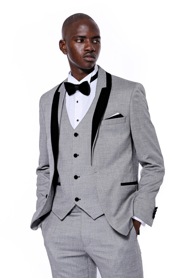 Shawl Lapel Patterned Grey Groom Suit 3 Piece Tuxedo, 3-piece-suit, 40, 42, Black, Party, Tuxedo, Wedding Tuxedo3 Piece Tuxedo - wessi