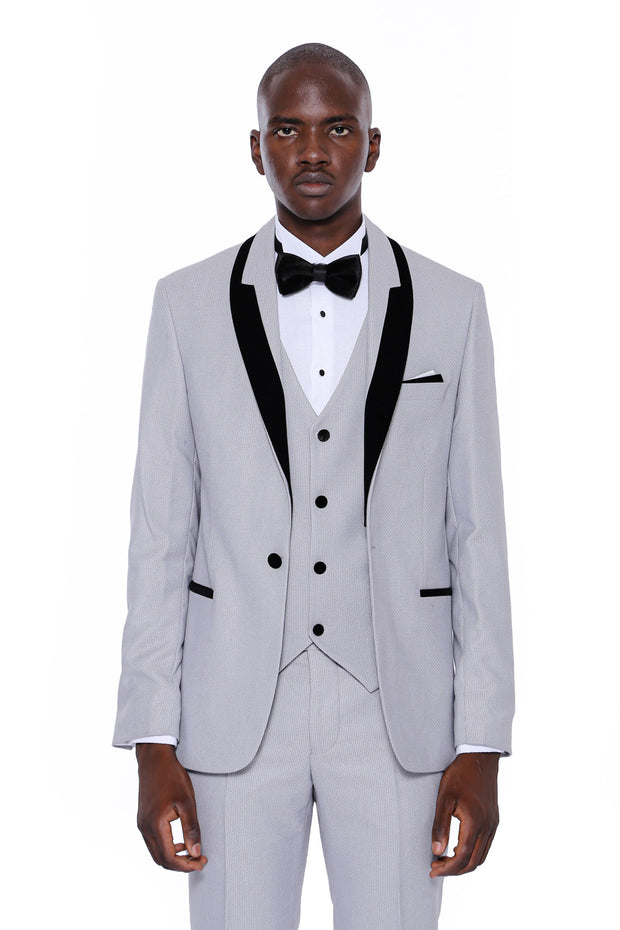 Shawl Lapel Patterned Light Grey Groom Suit 3-piece-suit, 34, 36, 38, 46, 48, 6 Drop, Italian, mens-suit_obsolete, Modern Fit, Party, Patterned, Shawl, Shawl Collar Tuxedo, Slim Fit, Slim Fit