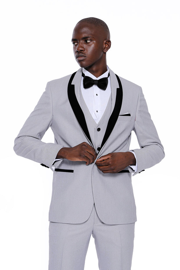 Shawl Lapel Patterned Light Grey Groom Suit 3-piece-suit, 34, 36, 38, 46, 48, 6 Drop, Italian, mens-suit_obsolete, Modern Fit, Party, Patterned, Shawl, Shawl Collar Tuxedo, Slim Fit, Slim Fit