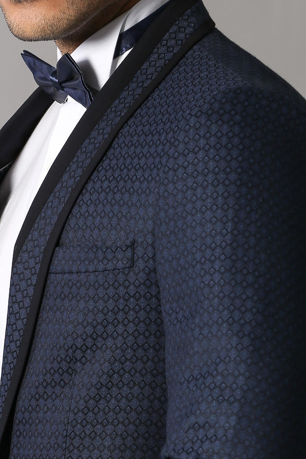 Shawl Lapel Patterned Slim-Fit Tuxedo Suit $50 - $100, 3-piece-suit, 34, 36, 38, 40, Blue, Modern Fit, Navy, Navy Blue Suit, navy-blue, Party, Patterned, Shawl, Shawl Collar Tuxedo, Slim Fit,