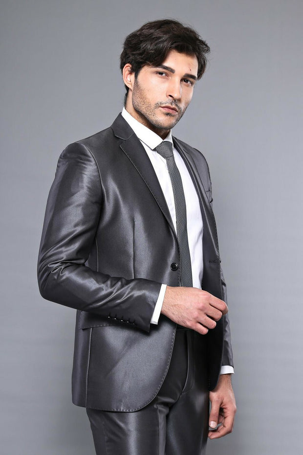 Shiny Black Slim Fit Suit | Wessi 3-piece-suit, 34, 40, 42, Italian Suit, mens-suit_obsolete, Modern Fit, Party, Peak, Peak Lapel, Slim Fit, Suit, Wedding SuitItalian Suit - wessi