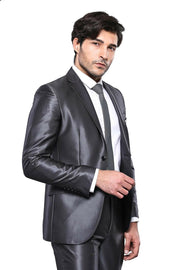 Shiny Black Slim Fit Suit | Wessi 3-piece-suit, 34, 40, 42, Italian Suit, mens-suit_obsolete, Modern Fit, Party, Peak, Peak Lapel, Slim Fit, Suit, Wedding SuitItalian Suit - wessi