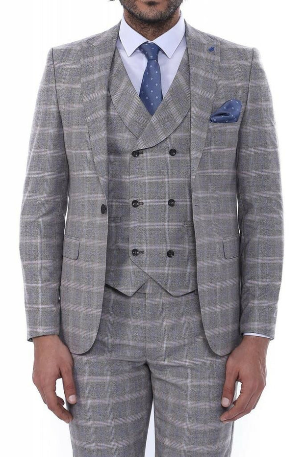 Single Button Peak Lapel 3-Piece Suit in Beige| Wessi 3-piece-suit, 36, 40, 42, Double Breasted, mens-suit_obsolete, Modern Fit, Peak, Peak Lapel, Plaid Suit, Slim Fit, Suit OutletSuit - wess