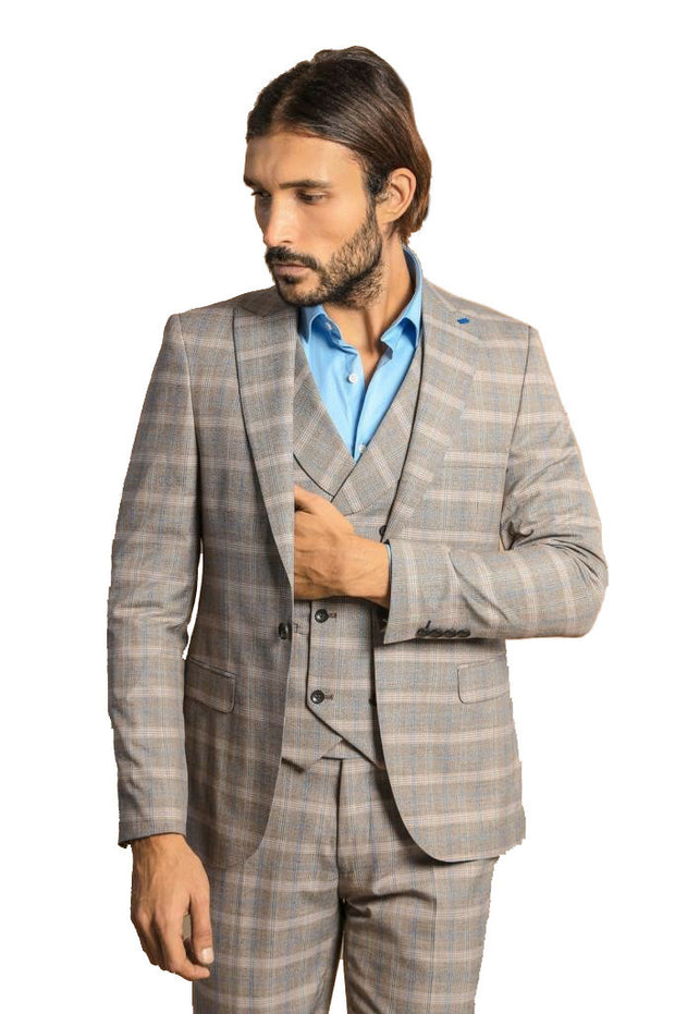 Single Button Peak Lapel 3-Piece Suit in Beige| Wessi 3-piece-suit, 36, 40, 42, Double Breasted, mens-suit_obsolete, Modern Fit, Peak, Peak Lapel, Plaid Suit, Slim Fit, Suit OutletSuit - wess