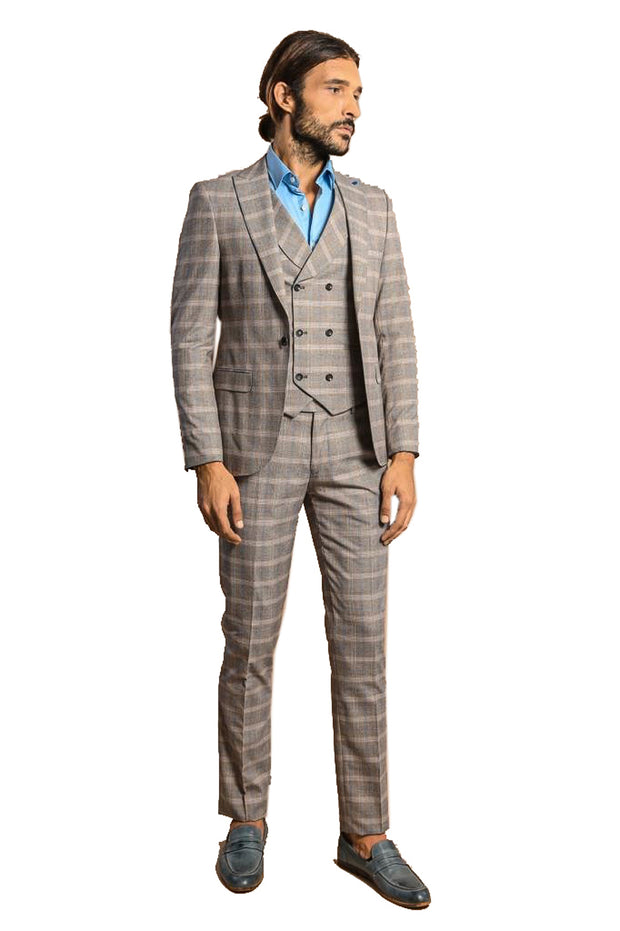 Single Button Peak Lapel 3-Piece Suit in Beige| Wessi 3-piece-suit, 36, 40, 42, Double Breasted, mens-suit_obsolete, Modern Fit, Peak, Peak Lapel, Plaid Suit, Slim Fit, Suit OutletSuit - wess