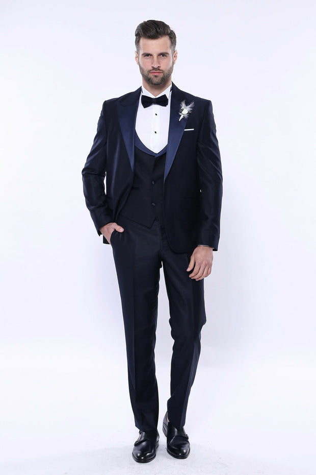 Single Button Satin Pointed Collar Satin Waist Navy Blue Tuxedo 3 Piece Tuxedo, 3-piece-suit, 34, 40, 42, Blue, Modern Fit, Navy, navy-blue, Party, Slim Fit, Tuxedo, Wedding Tuxedo3 Piece Tux