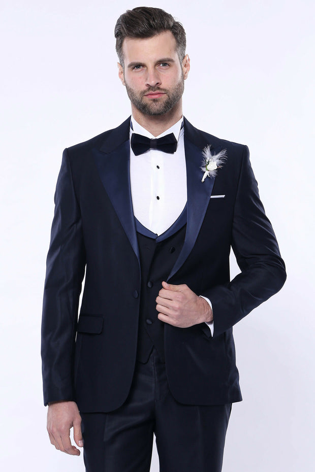 Single Button Satin Pointed Collar Satin Waist Navy Blue Tuxedo 3 Piece Tuxedo, 3-piece-suit, 34, 40, 42, Blue, Modern Fit, Navy, navy-blue, Party, Slim Fit, Tuxedo, Wedding Tuxedo3 Piece Tux