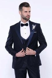 Single Button Satin Pointed Collar Satin Waist Navy Blue Tuxedo 3 Piece Tuxedo, 3-piece-suit, 34, 40, 42, Blue, Modern Fit, Navy, navy-blue, Party, Slim Fit, Tuxedo, Wedding Tuxedo3 Piece Tux