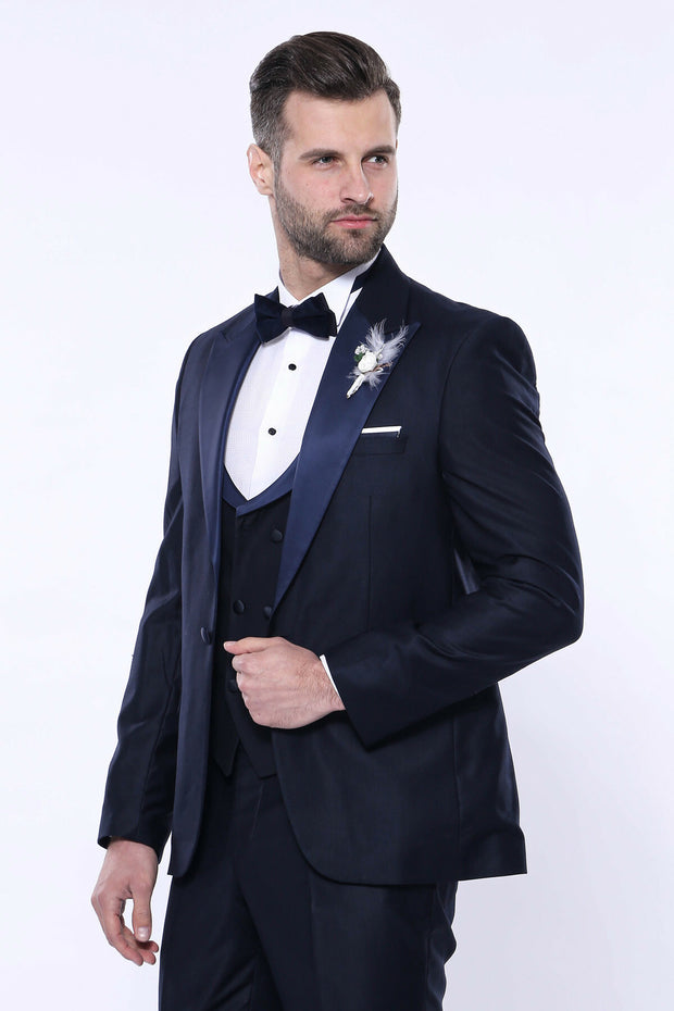 Single Button Satin Pointed Collar Satin Waist Navy Blue Tuxedo 3 Piece Tuxedo, 3-piece-suit, 34, 40, 42, Blue, Modern Fit, Navy, navy-blue, Party, Slim Fit, Tuxedo, Wedding Tuxedo3 Piece Tux